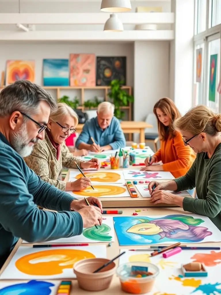 A photograph capturing a vibrant community arts workshop in progress, showcasing participants of diverse ages and backgrounds actively engaged in painting and crafting, with finished artwork displayed in the background.