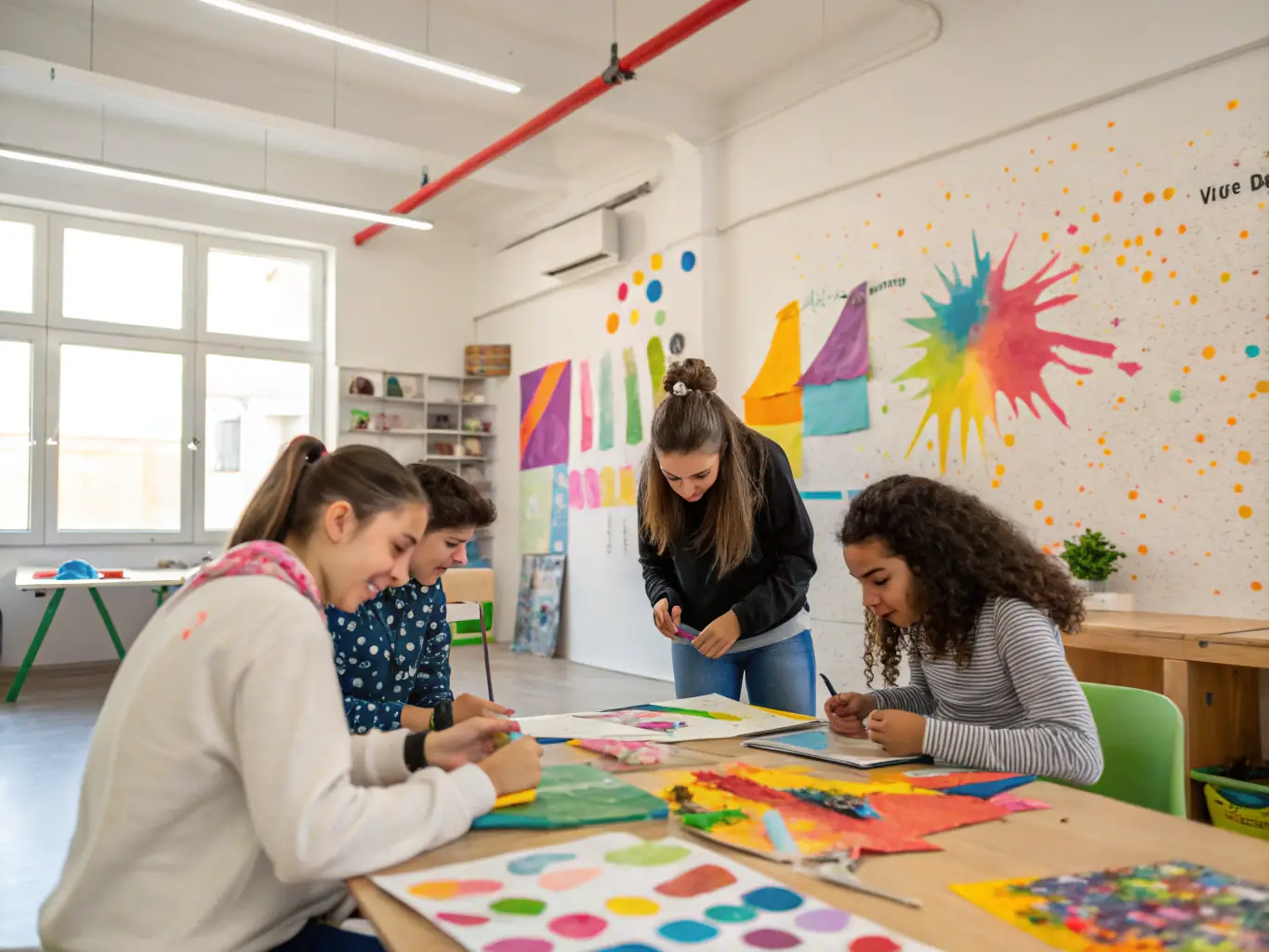 A vibrant image depicting participants engaged in a CALLIOPE CULTURE art workshop, showcasing diverse age groups and artistic expressions. The setting is a brightly lit studio with various art supplies visible.
