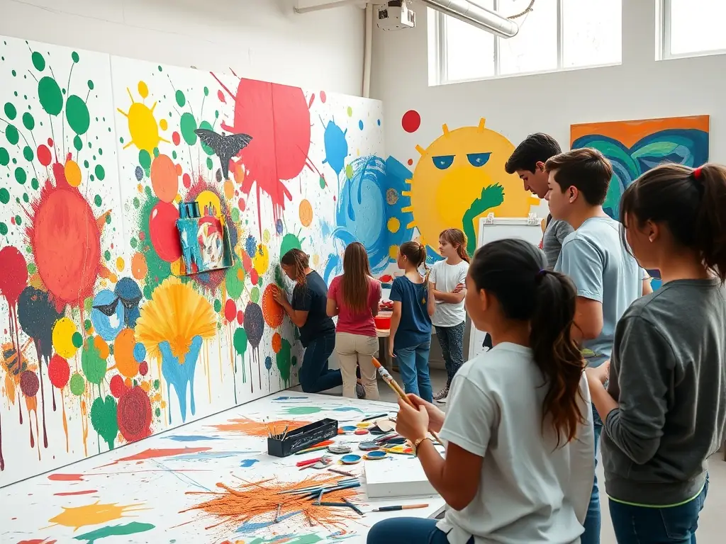A vibrant photograph showcasing participants engaged in a CALLIOPE CULTURE art workshop, with diverse individuals collaborating on a collaborative mural project, reflecting the organization's commitment to inclusive artistic practices.