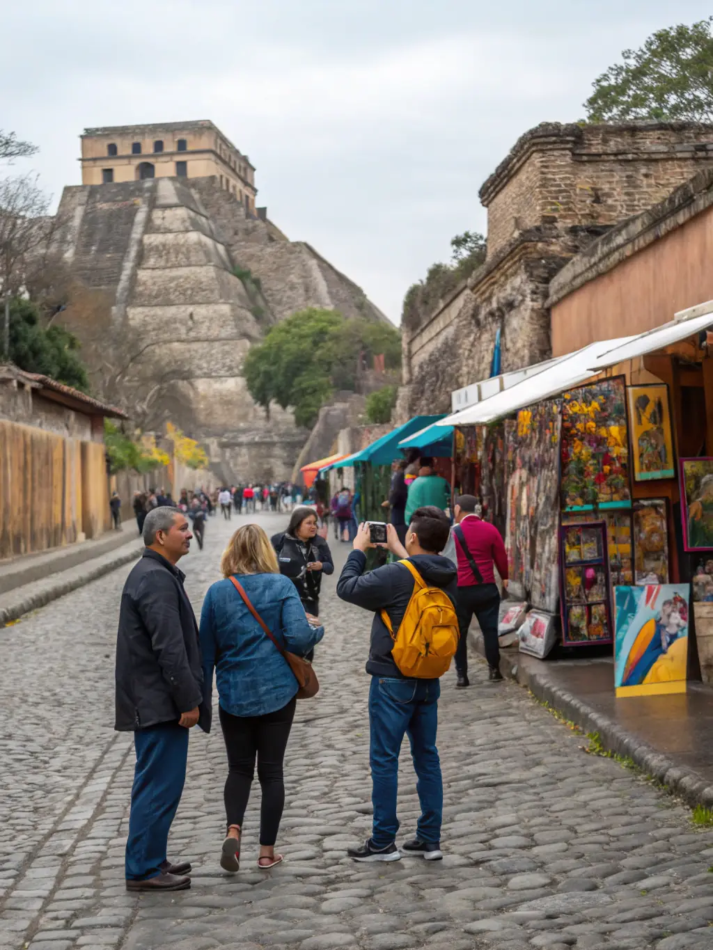 A photograph of a guided heritage tour through a historical neighborhood, with a group of participants listening attentively to a tour guide pointing out architectural details and sharing historical anecdotes.