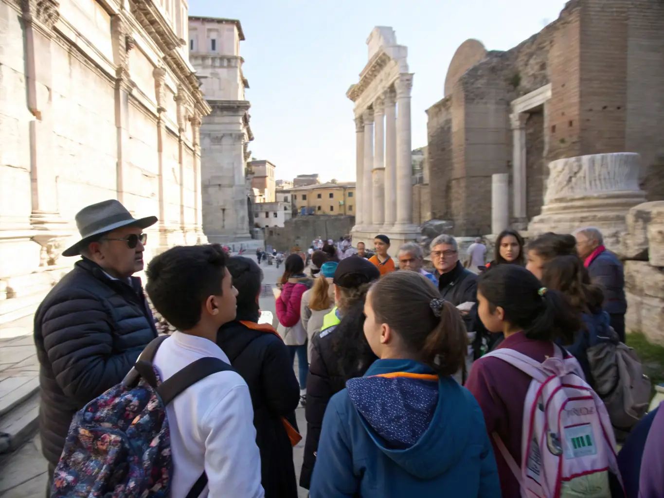 A picturesque scene of a CALLIOPE CULTURE heritage tour, with participants exploring a historical landmark and a knowledgeable guide sharing insights about the site's significance, emphasizing the organization's focus on heritage promotion.