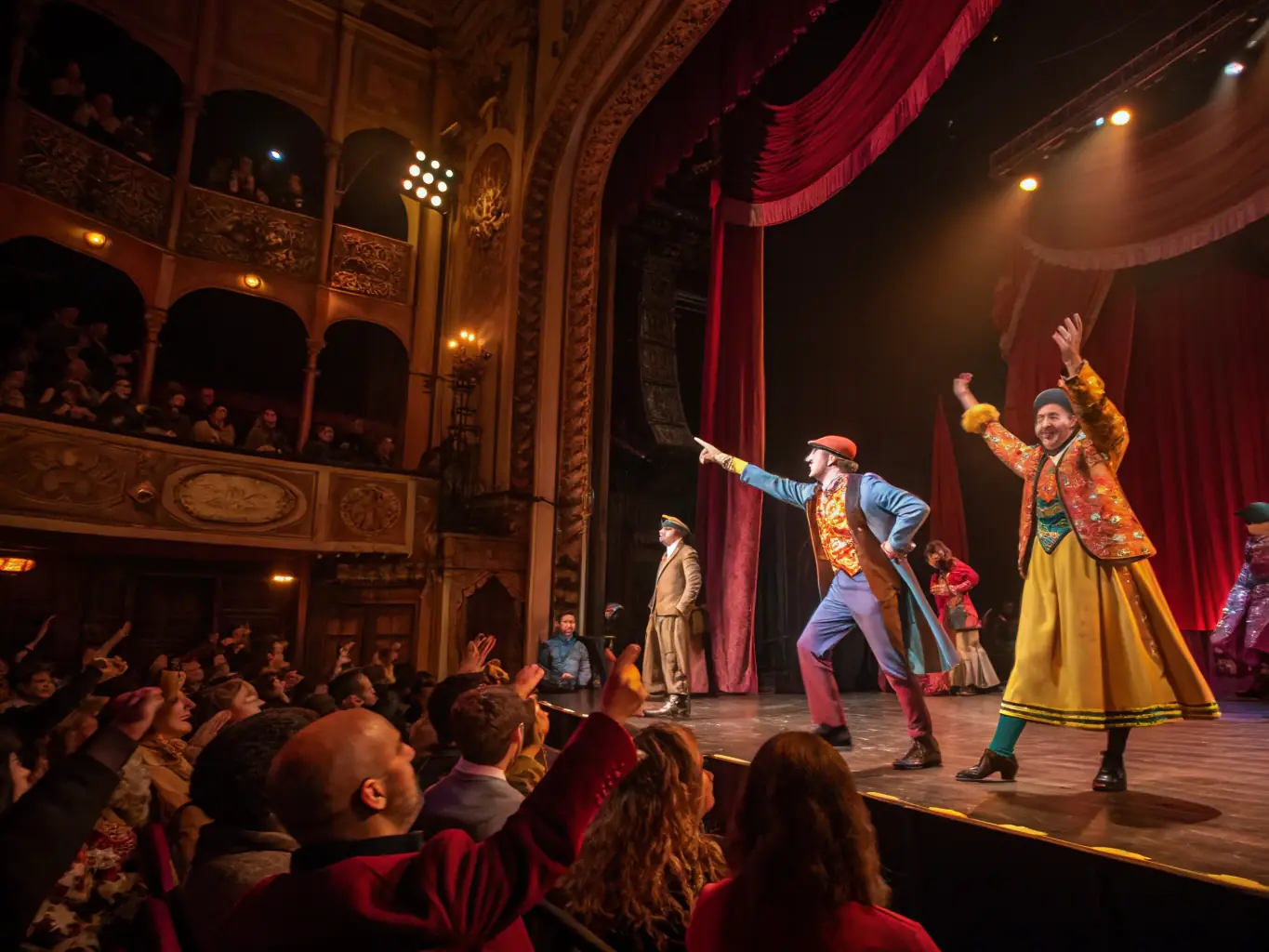 A captivating image of a CALLIOPE CULTURE-sponsored theatrical performance in a community center, featuring actors in colorful costumes and enthusiastic audience members, highlighting the organization's dedication to cultural dissemination.