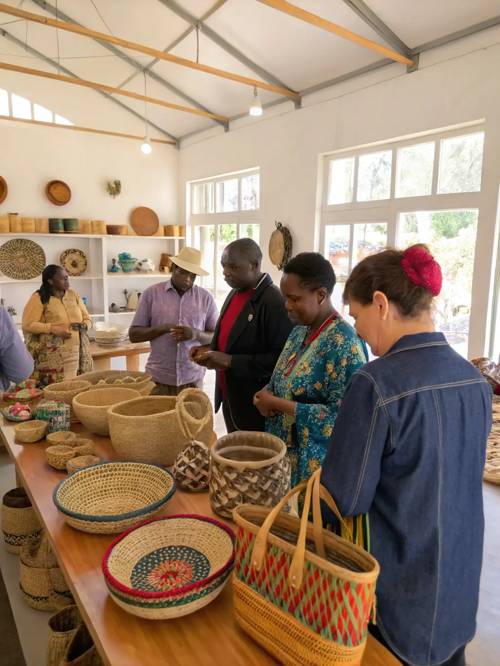 A diverse group of adults participating in a cultural exchange program, learning traditional crafts and sharing their own cultural practices, highlighting CALLIOPE CULTURE's intercultural initiatives.