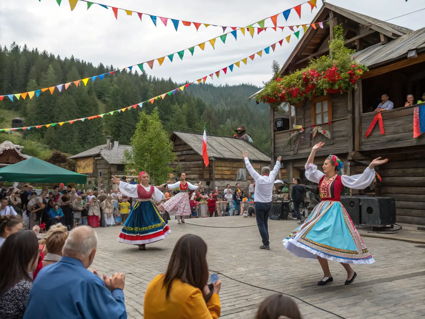 A photograph capturing a CALLIOPE CULTURE-sponsored cultural performance in a public square, featuring traditional music and dance. The audience is diverse and engaged, reflecting the community's cultural richness.