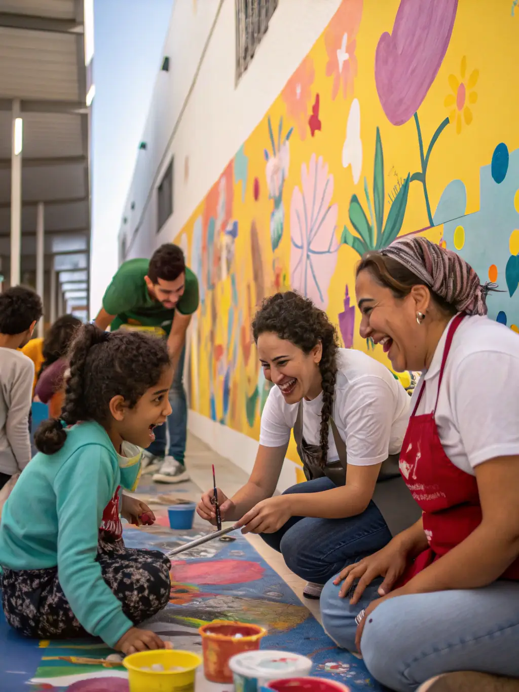 A vibrant photograph capturing children participating in an interactive art workshop, painting colorful murals on a community center wall, showcasing CALLIOPE CULTURE's commitment to early arts education.