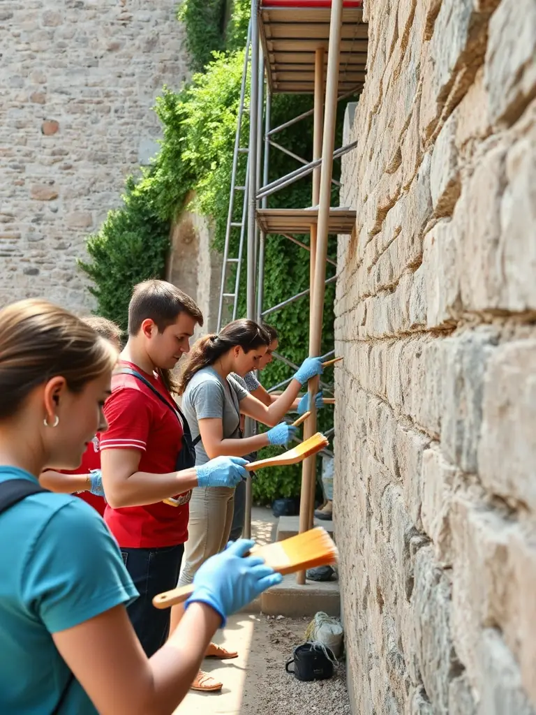 A photograph of volunteers restoring a historical landmark, showcasing CALLIOPE CULTURE's dedication to preserving cultural heritage and historical sites.